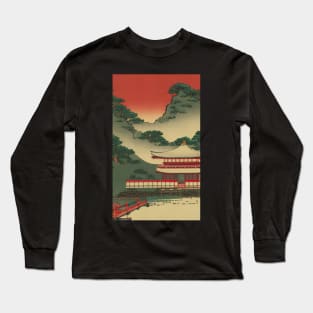 Japanese landscape with temple, ukiyo e style Long Sleeve T-Shirt